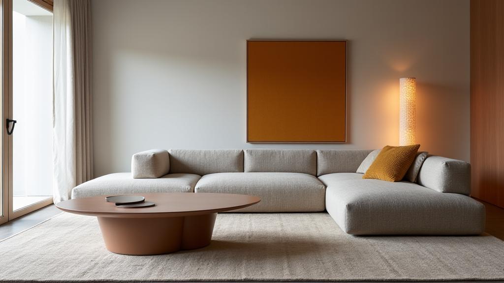 Interno di uno showroom di lusso con un divano su misura in velluto e illuminazione d'accento in ottone.