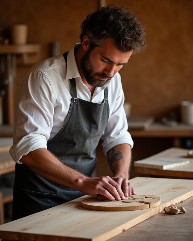 Artigiano italiano che lavora finemente del legno in un laboratorio tradizionale