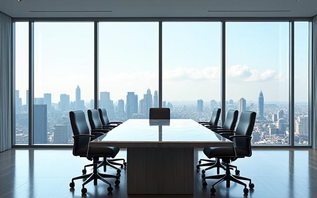 Minimalista ufficio direzionale con vista panoramica e tavolo in marmo