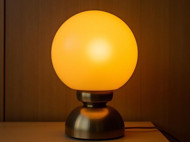 Primo piano di una lampada da tavolo in ottone e vetro soffiato