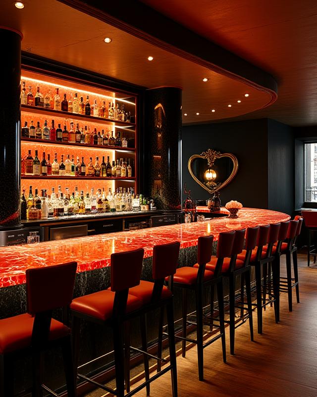 Interno bar di un ristorante di lusso a Venezia con bancone in onice e luci calde soffuse.