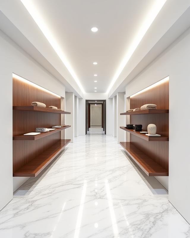 Showroom moderno a Milano con pavimenti in marmo chiaro e arredi minimalisti in legno di noce.