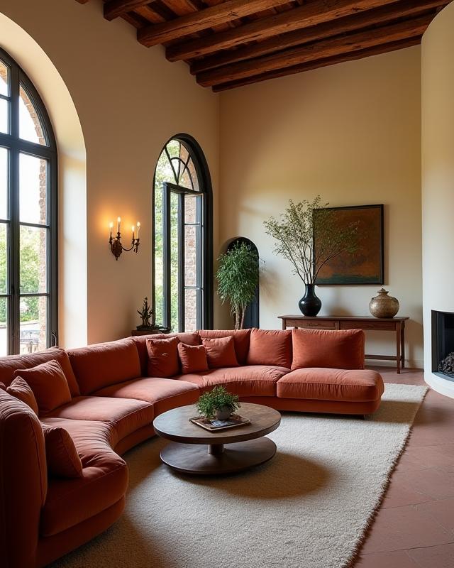 Interno di lusso di una villa a Siena con divani in velluto e lampadari in ottone, stile elegante toscano.