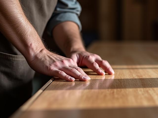 Artigiano che rifinisce un elegante tavolo di legno massello in stile moderno toscano.